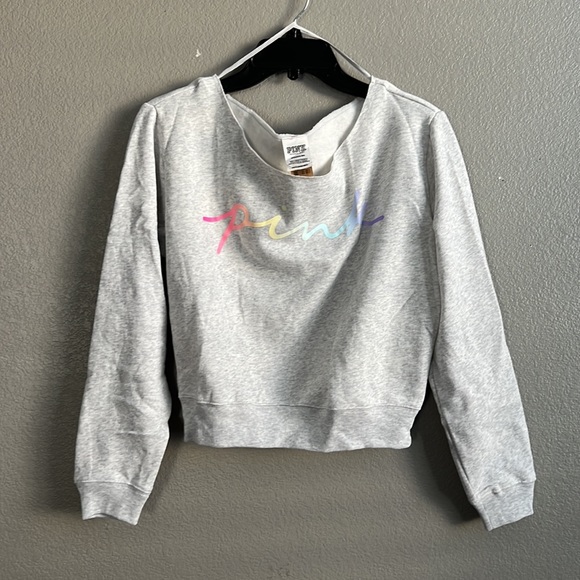 VS Pink gray rainbow logo off shoulder crop sweatshirt top - Picture 1 of 3
